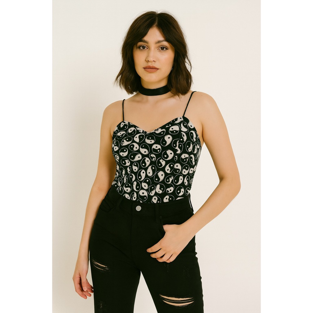 Vintage Y2K Faded Rose Camisole Top Womens M Black White Yin Yang Ribbed Strappy